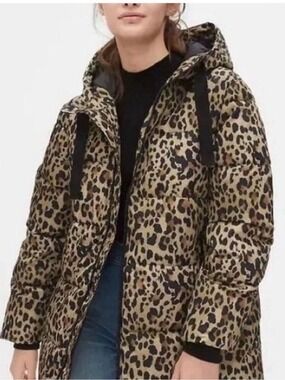 Gap leopard print hooded puffer jacket Womens Small Oversize Water Resistant